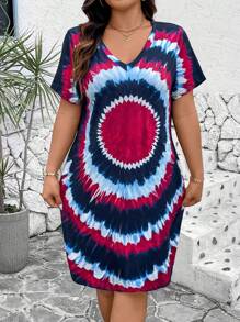 SHEIN LUNE Plus Size Women Summer Tie Dye Floral V-Neck Short Sleeve Casual T-Shirt Dress