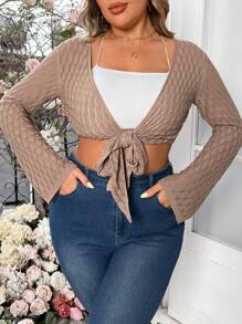Flirla Plus Size Women Solid Color Long Sleeve Waist Tie Cropped Casual Cardigan For Spring/Summer - Apricot - View 5