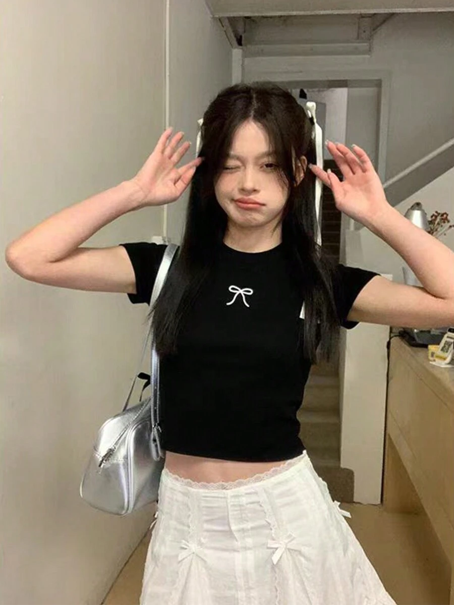 女士蝴蝶结印花短袖圆领休闲 T 恤,春夏 - 黑色 - 查看 1