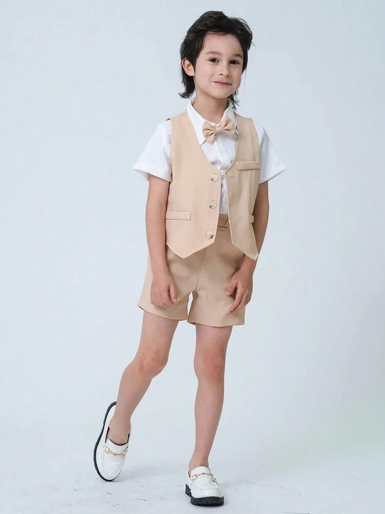 Young Boy Fashionable Three-Piece Set Handsome Short Sleeve Shirt & Waistcoat & Shorts Gentleman Outfit