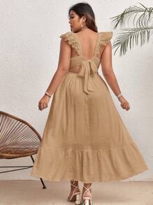 SHEIN VCAY Plus Size Women's Fashion Solid Color Ruffled Sleeve Dress - Khaki - View 3