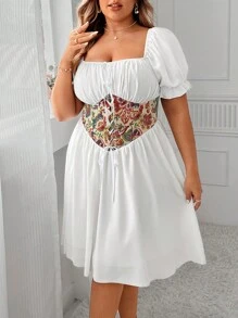 Flirla Plus Size Women Splicing Floral Jacquard Square Neck Short Puff Sleeve Drawstring Waist Wearing Rope Dress - Multicolor - View 3
