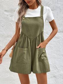 SHEIN LUNE Women Spring/Summer Vacation Casual Solid Color Button Closure Jumpsuit With Double Pockets - Army Green - View 6