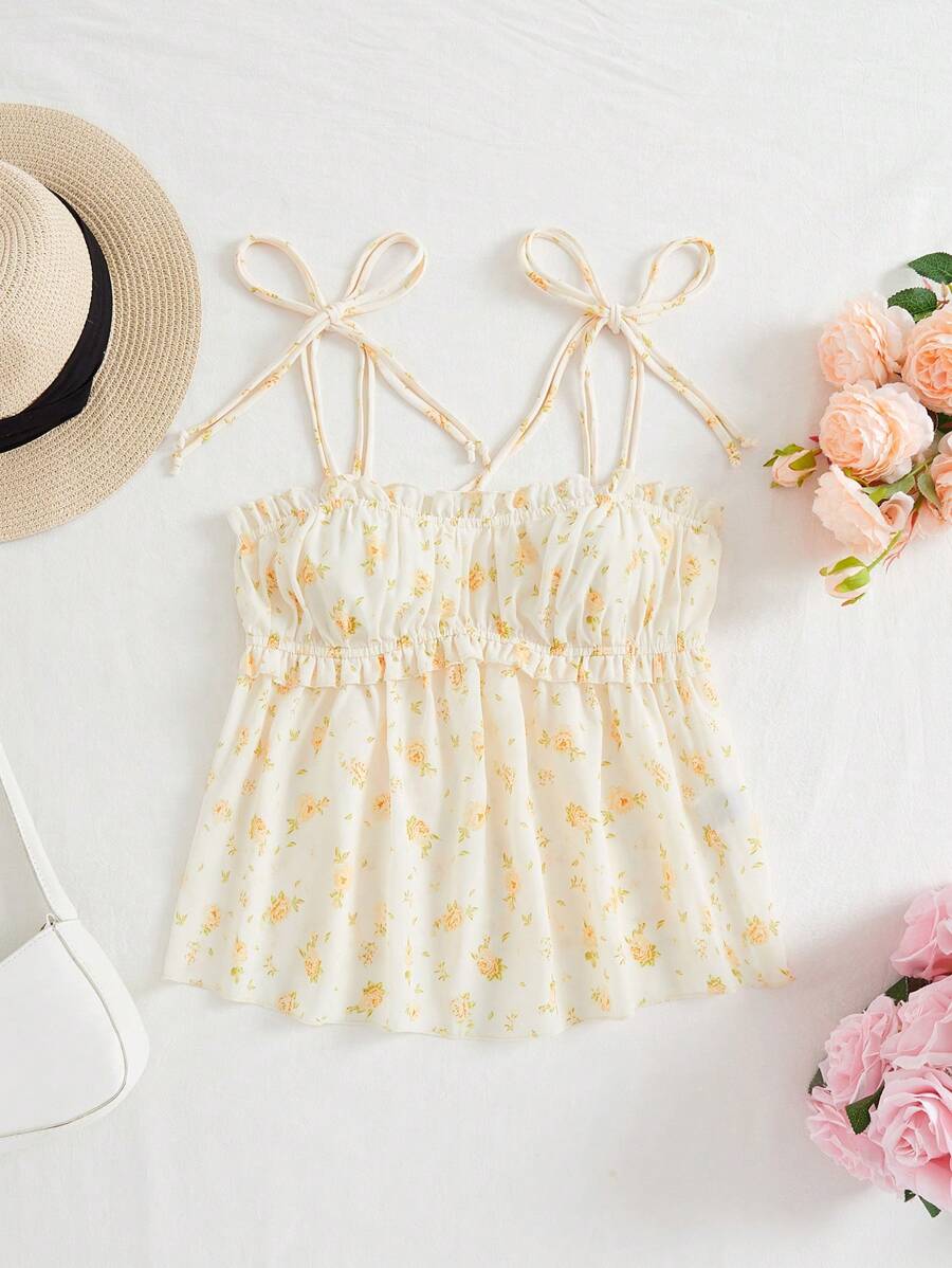 Soleia Top de borde de volantes, tirantes de espagueti, lazo decorativo - Amarillo - Ver 1
