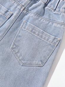 年轻女孩个性化日常休闲双色牛仔裤，带破洞细节和卷边 - 藍色 - 查看 4