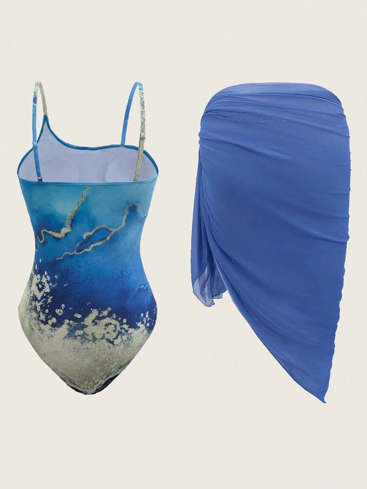 Summer Women One-Piece Marble Printed Swimsuit For Vacation And Beach