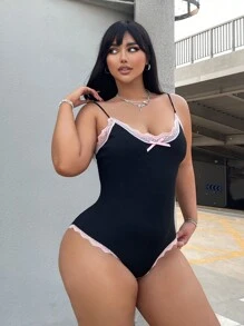 POPSWAY Plus Size Women Summer Lace Trim Sexy Spaghetti Strap Bodysuits - Black - View 5