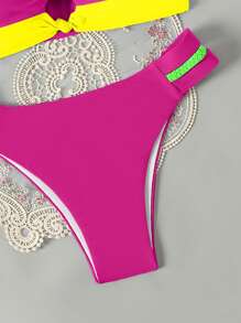 SHEIN Swim 假日泳池拼色中空比基尼泳衣套裝，夏季沙灘 - 彩色 - 查看 4