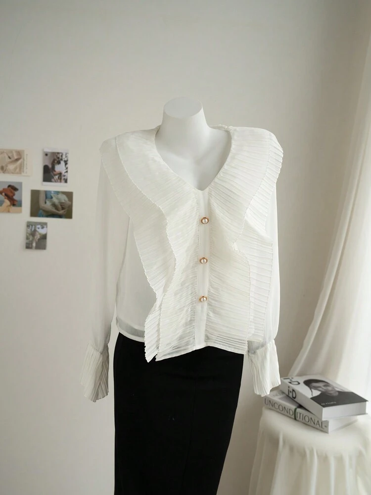 Women V-Neck False Placket Pintucked Bell Sleeve Shirt For Spring