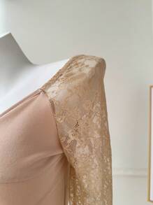 SHEIN Privé Women Spring Elegant Color Block Lace Splice Twisted Knot Long Sleeve T-Shirt - Apricot - View 3