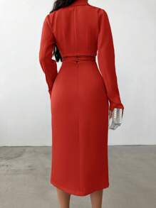 EURMUSE Peak Lapel Lace Up High Slit Suit Set - Red - View 2