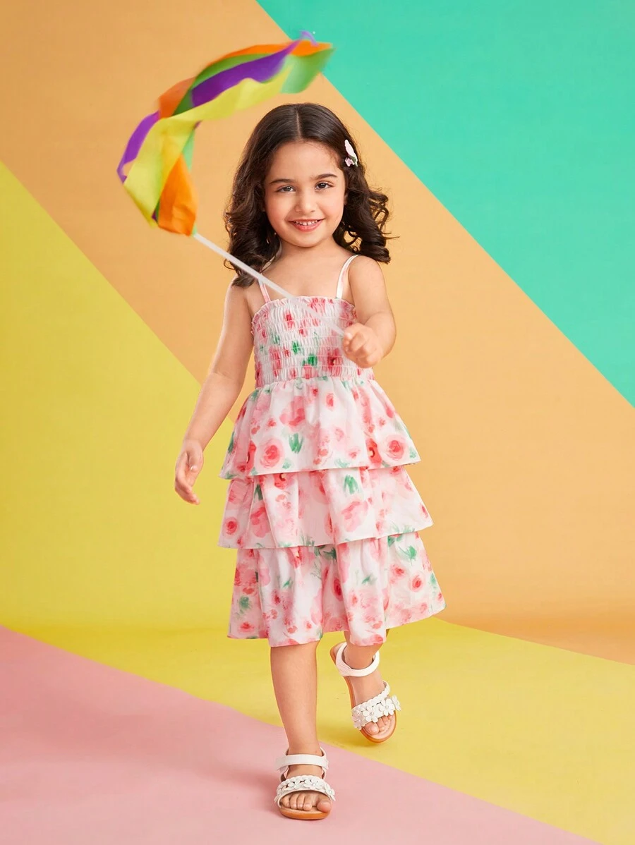 Young Girl Floral Printed Spaghetti Strap Dress - Pink - View 1