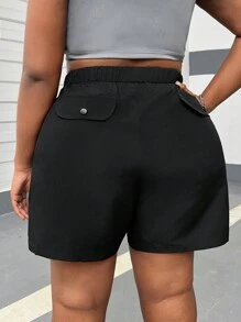 CovetEZ Plus Size Women Waist Drawstring Insert Pocket Casual Cargo Shorts - Black - View 2