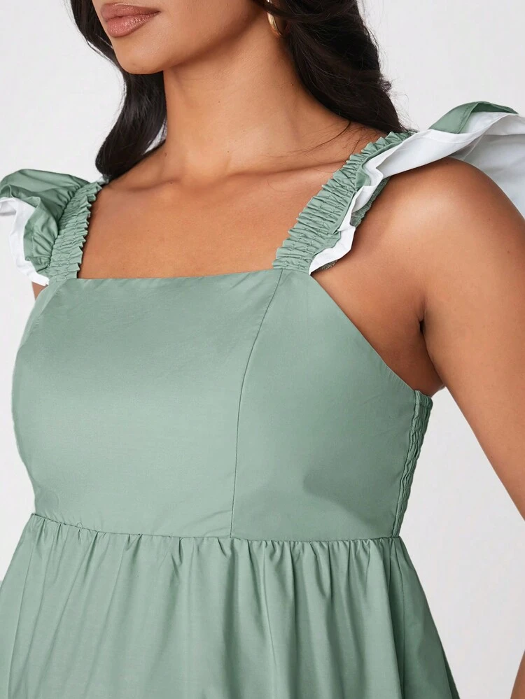 Maternity Romantic Round Neck Ruffled Sleeve Solid Color Extra Long Bodycon Pregnancy Dress