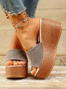 Sandalias de tacón alto y punta abierta para mujer en gris para el verano con suelas de cuña de poliuretano