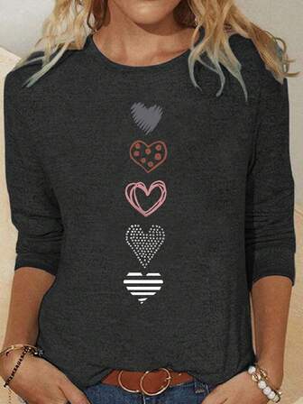 大码女式心形印花圆领长袖 T 恤