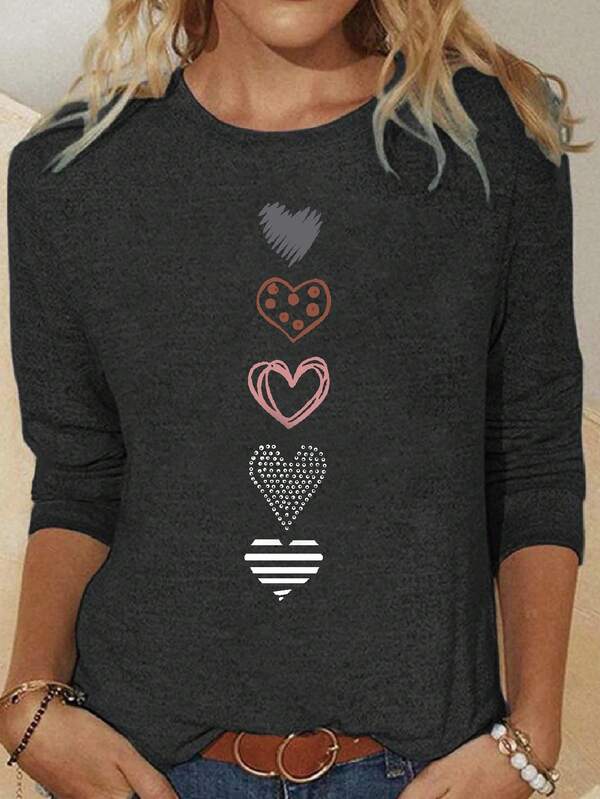 Plus Size Women Heart Print Round Neck Long Sleeve T-Shirt