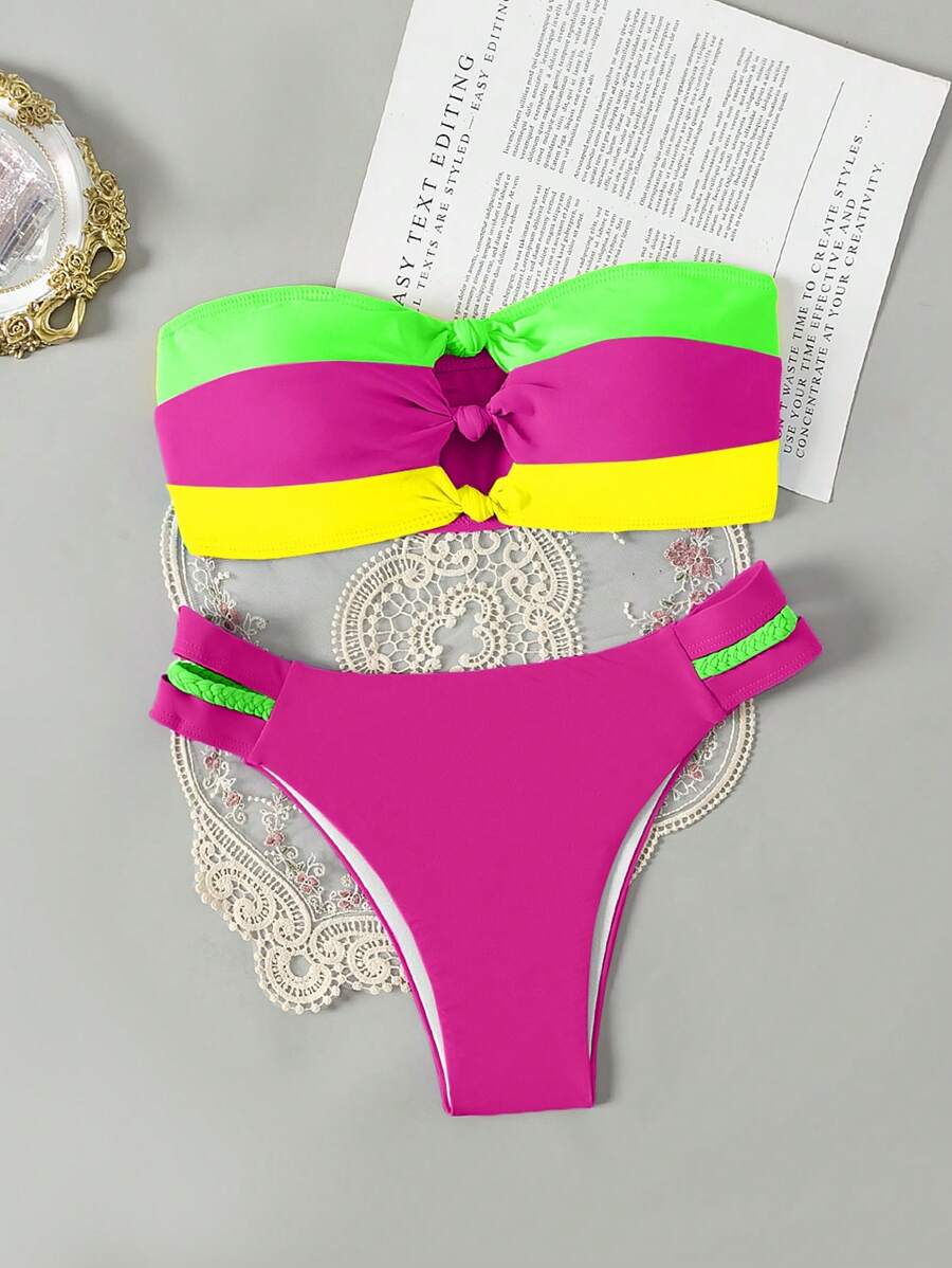 SHEIN Swim 假日泳池拼色中空比基尼泳衣套裝，夏季沙灘 - 彩色 - 查看 1