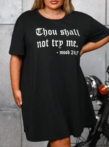 SHEIN CURVE+ 加大碼標語印花圓領連衣裙 - 黑色 - 查看 7