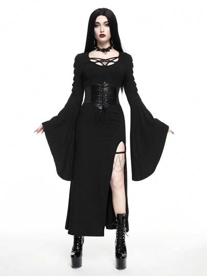 Goth Women's Bell-Sleeve Dress With Party Collar And Dark Star Decoration