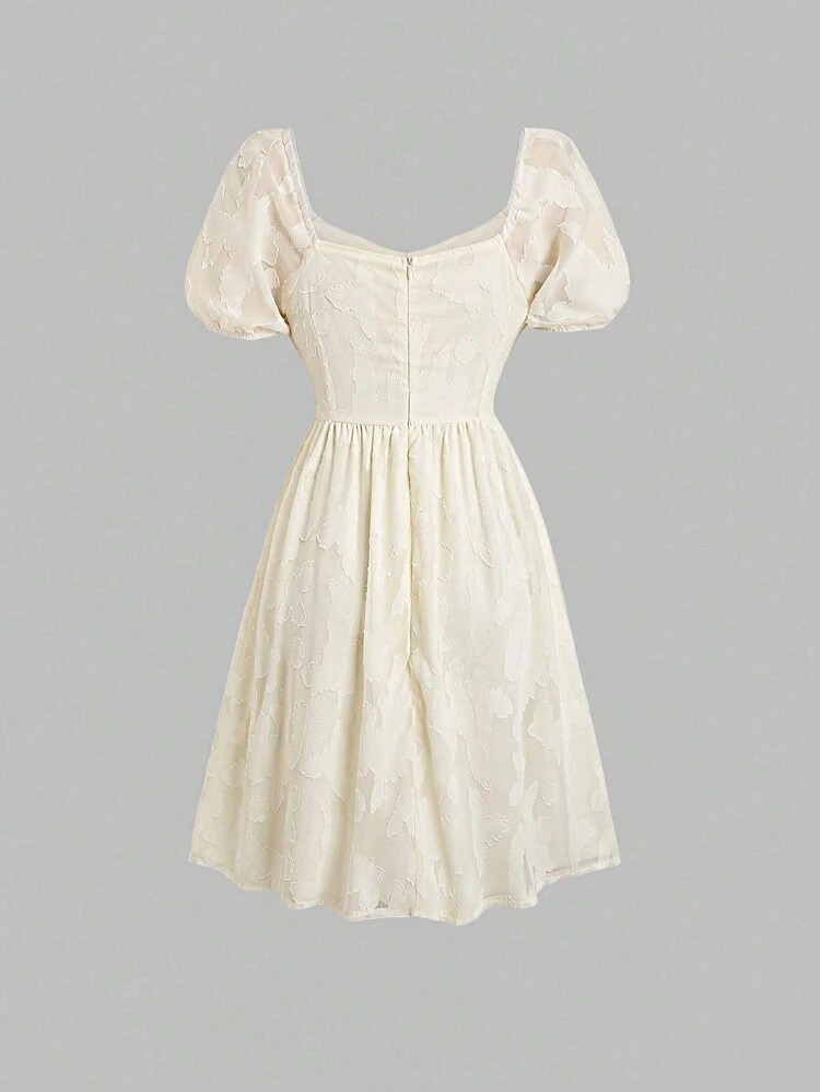 Elegant Summer Dress With Cutout Flower Design, Sweetheart Neckline, Cinched Waist And Puff Sleeves