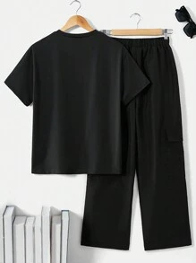 Teen Boy Spring/Summer Casual Letter And Number Printed Short Sleeve T-Shirt With Cargo Pants Set