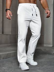 Manfinity Roughcore Men Drawstring Solid Color Casual Pants With Pockets Baggy Long Slacks Plain All White Going Out White Men Pantsmen White Pants - White - View 3