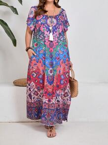 EMERY ROSE Plus Size Nữ Kỳ Nghỉ Hè Phong Cách Họa Tiết Tay Cánh Dơi Dáng Rộng Trang Phục Thường Ngày Có Túi - Màu tím - Xem 4