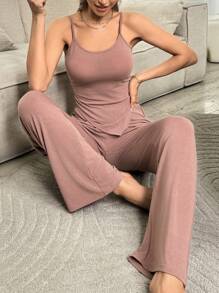 Women Fashionable Simple Cozy Solid Color Home Clothes Set - Dusty Pink - View 5