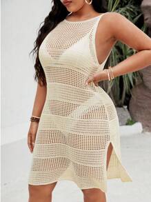 SHEIN Clasi Plus Size Women Holiday Solid Color Sexy Hollow Out Round Neck Sweater Dress - Apricot - View 4