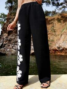 EURMUSE Women Floral Pattern Elastic Waist Boho Pants - Black - View 4