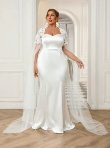 SHEIN Belle Plus Size Đơn giản nhưng sang trọng Khăn choàng siêu dài tay thêu hoa, Váy cưới đuôi cá thanh lịch và độc đáo - trắng - Xem 6