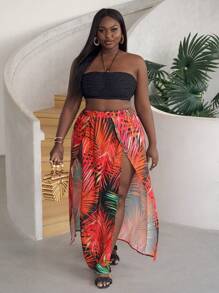 Slaydiva Plus Tropical Plant Print Double Split Thigh Hem Maxi Skirt For Vacation Style - Hot Pink - View 4
