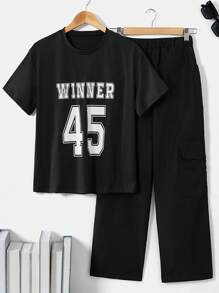 Teen Boy Spring/Summer Casual Letter And Number Printed Short Sleeve T-Shirt With Cargo Pants Set