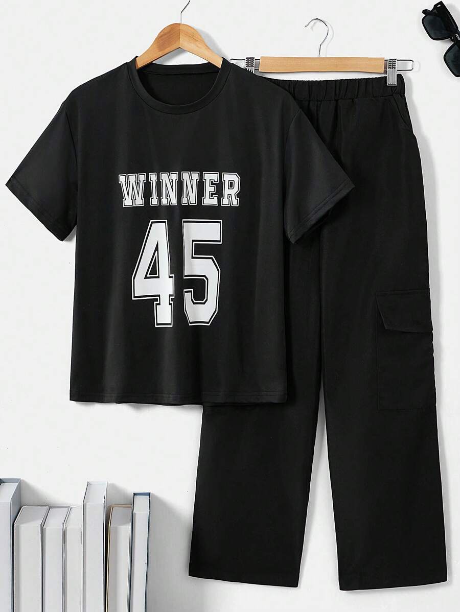 Teen Boy Spring/Summer Casual Letter And Number Printed Short Sleeve T-Shirt With Cargo Pants Set