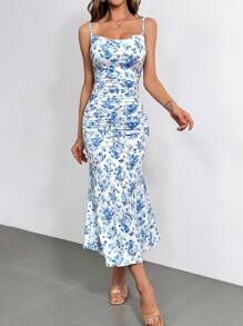 SHEIN Privé Đầm Dây Spaghetti Thiết Kế Họa Tiết Hoa Cổ Điển Cho Nữ - Xanh và trắng - Xem 1