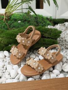 Dép đế bằng ngọt ngào dễ thương cho bé gái mang hàng ngày, giày đi biển thời trang công chúa có hoa trang trí ngọc trai giả cho trẻ em vào mùa xuân hè - Màu be - Xem 2