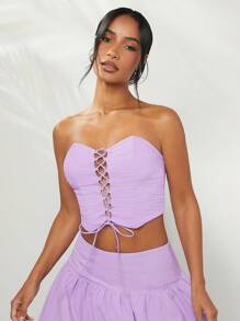 L'Amorae Solid Lace-Up Front Bustier Crop Tube Top - Purple - View 1