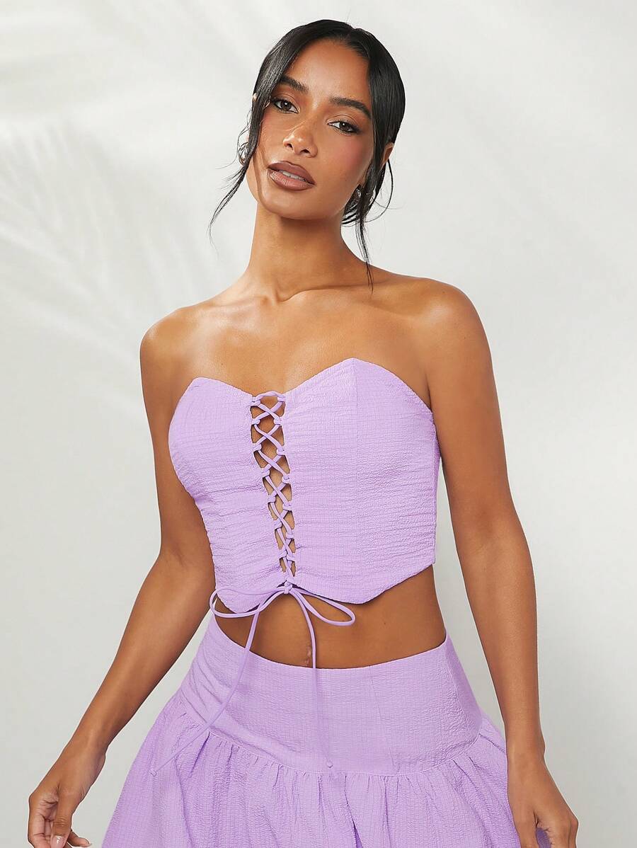 L'Amorae Solid Lace-Up Front Bustier Crop Tube Top - Purple - View 1