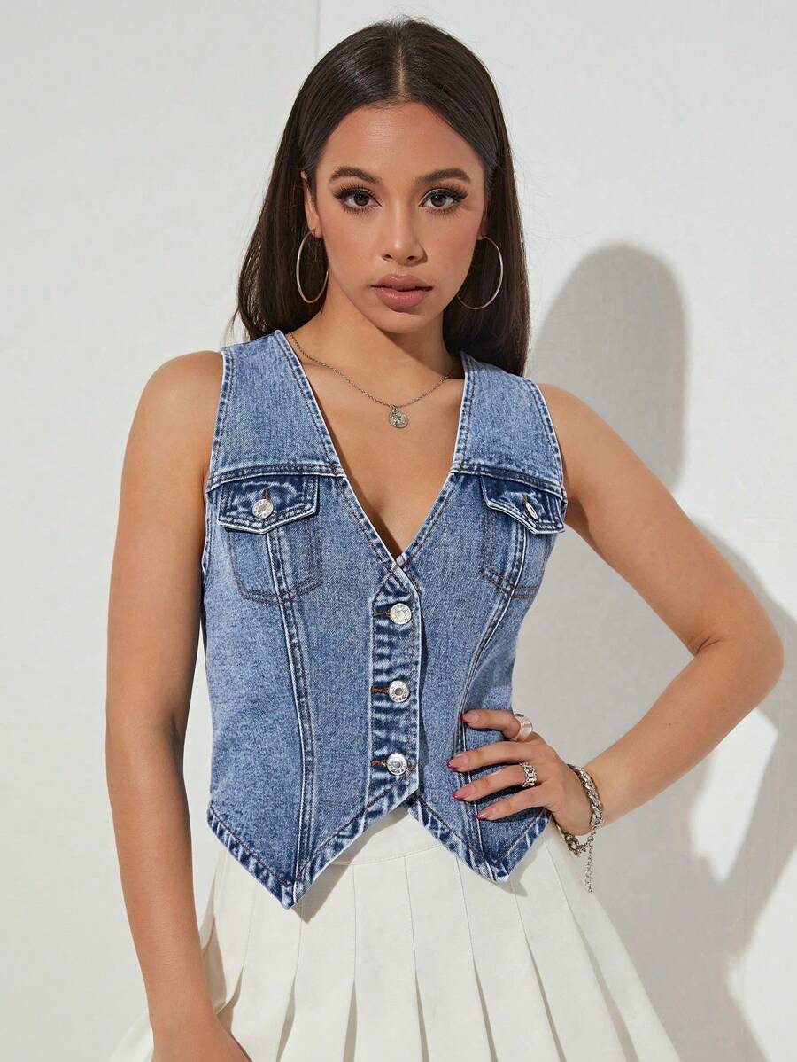 SHEIN EZwear 女士無袖牛仔背心，帶有口袋設計，適合日常穿搭 - 深色水洗藍 - 查看 1