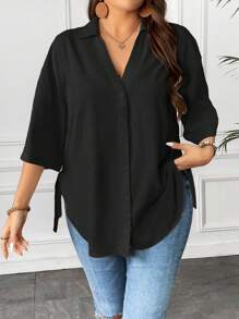 Calvaya Plus Size Women Stylish Loose Solid Color Daily Casual Work Shirt - Black - View 1