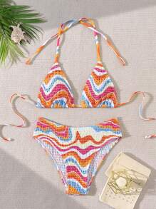SHEIN Swim Conjunto de bikini simple para mujer con tirantes cruzados en el cuello, estampado al azar para playa de verano