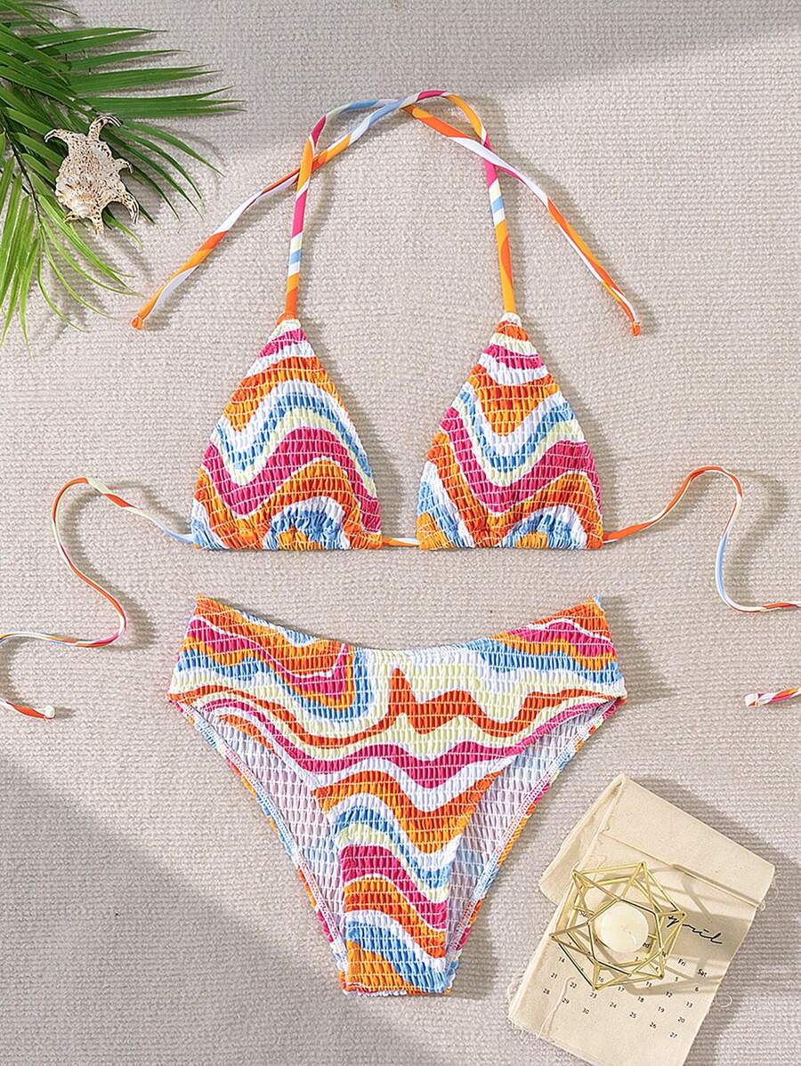SHEIN Swim Women Simple Halter Strap Bikini Set, Random Print,Summer Beach - Multicolor - View 1
