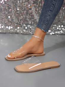 Zapatillas para mujer 2024 nuevas sandalias transparentes de talla grande con fondo plano y pedrería para uso exterior