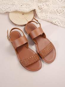 2024年夏季新潮流咖啡棕色編織皮革帶扣扁平涼鞋，女款 - 咖啡棕 - 查看 4