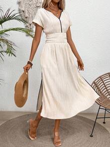 Chiquease V-Neck Two-Tone Trimmed Short Sleeve Dress With Thigh-High Slit - Apricot - View 4
