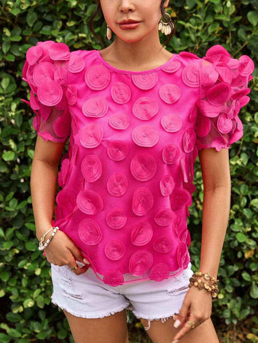 SHEIN VCAY Ngày Lễ Đồng Màu Cổ Tròn Gigot Tay Appliques Lưới Tay Trái Tim Appliques Chi Tiết Nữ Mùa Hè Áo Sơ Mi - Màu Hồng Tươi - Xem 1