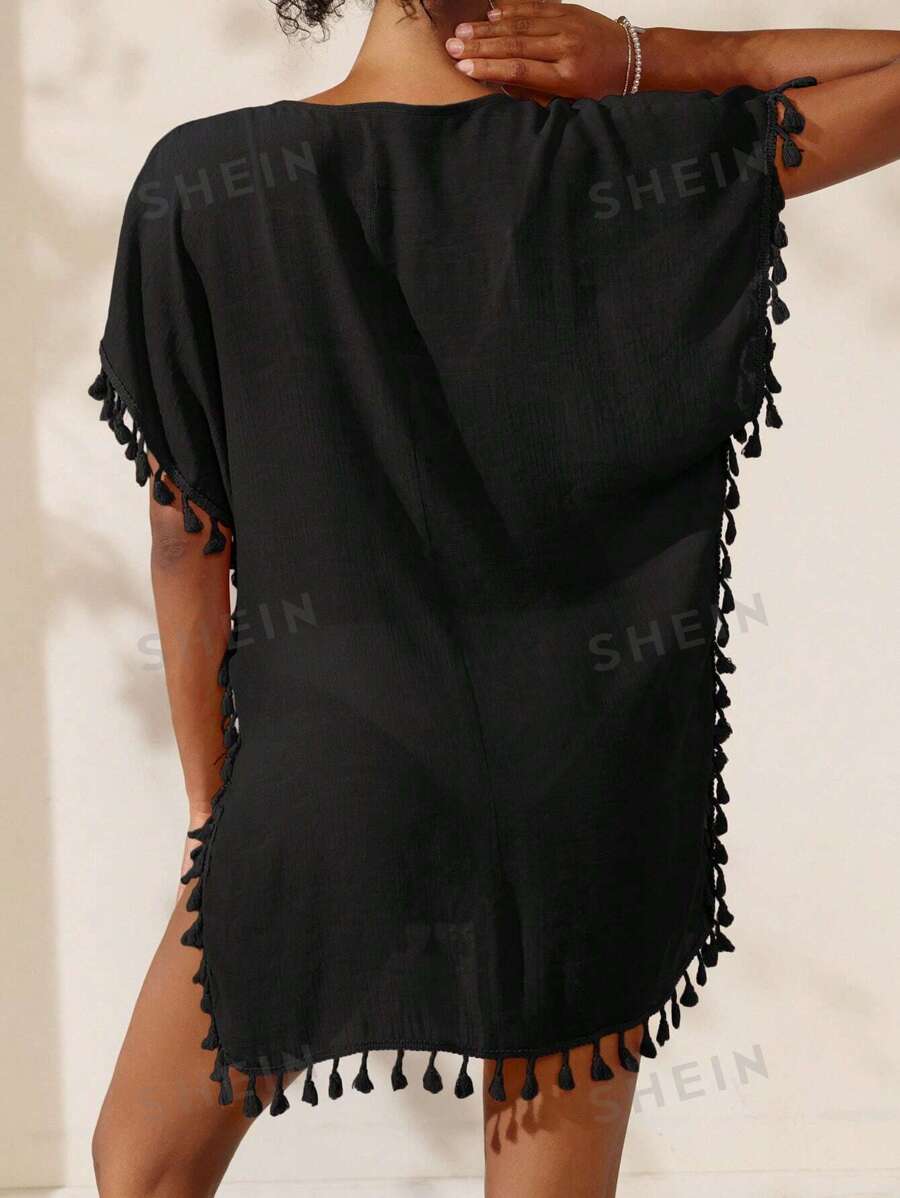 SHEIN Swim Summer Beach Ladies' Vacation Beach Solid Fringe Decorated