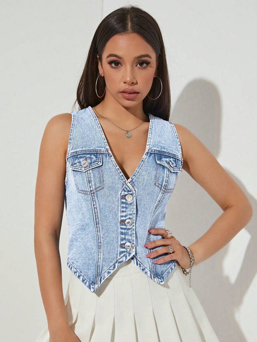 SHEIN EZwear Áo vest denim không tay màu trơn thời trang nữ - Rửa nhẹ - Xem 1