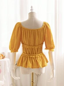 Soleia Camisa de lazer de férias feminina com mangas curtas com laço e renda. - Amarelo - Ver 2